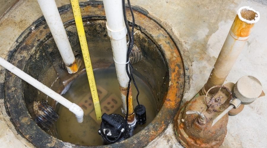 Sump pump and PVC pipes in a rusty sump pit, showing stagnant water and plumbing maintenance needs at Scott Plumbing.