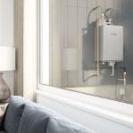 Modern water heater unit and sofa in minimalist design, reflecting plumbing issues solutions by Scott Plumbing.